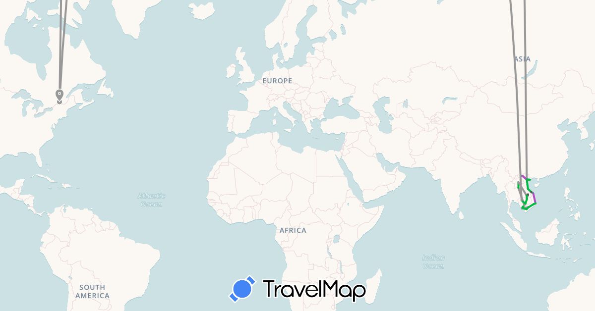 TravelMap itinerary: driving, bus, plane, train, motorbike in Canada, Cambodia, Laos, Vietnam (Asia, North America)